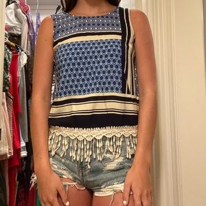 Blue Printed Tank Top with Fringe